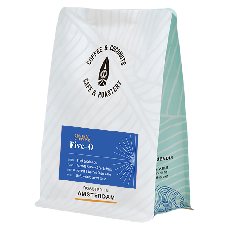 Five-O | Brazil & Colombia | Chocolate & Brown Spice | Half Decaf | Medium Body | Coffee & Coconuts