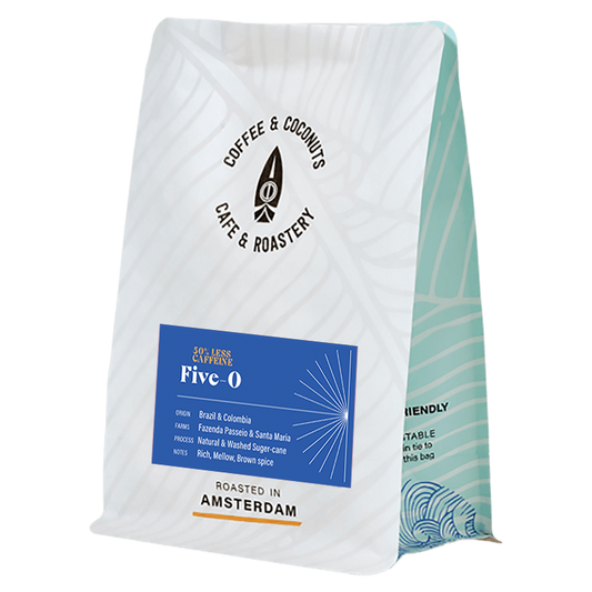 Five-O | Brazil & Colombia | Chocolate & Brown Spice | Half Decaf | Medium Body | Coffee & Coconuts